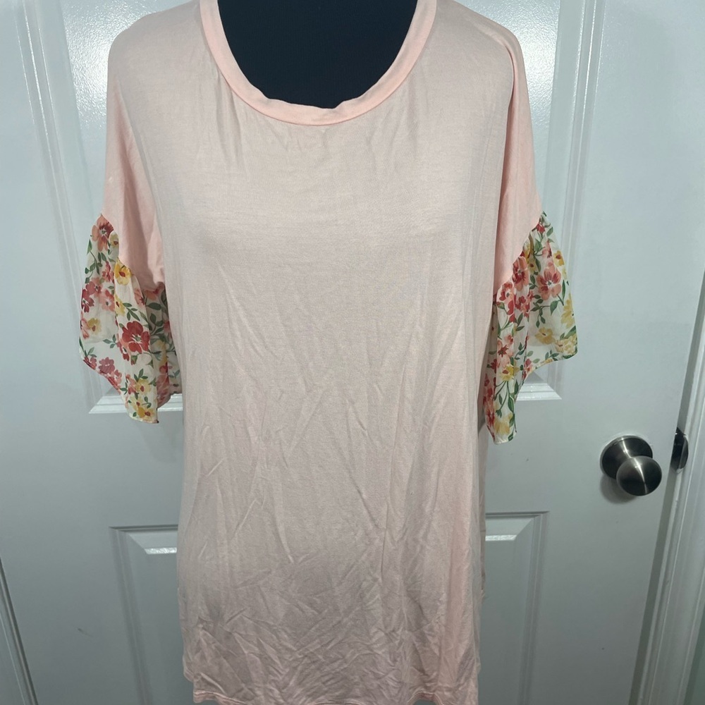 E Luna Floral Sleeve Light Pink Women's Blouse Top Size L CB-